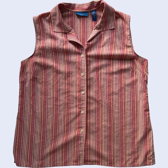 Karen Scott Sport striped sleeveless button-down blouse pink beige L - Picture 1 of 5